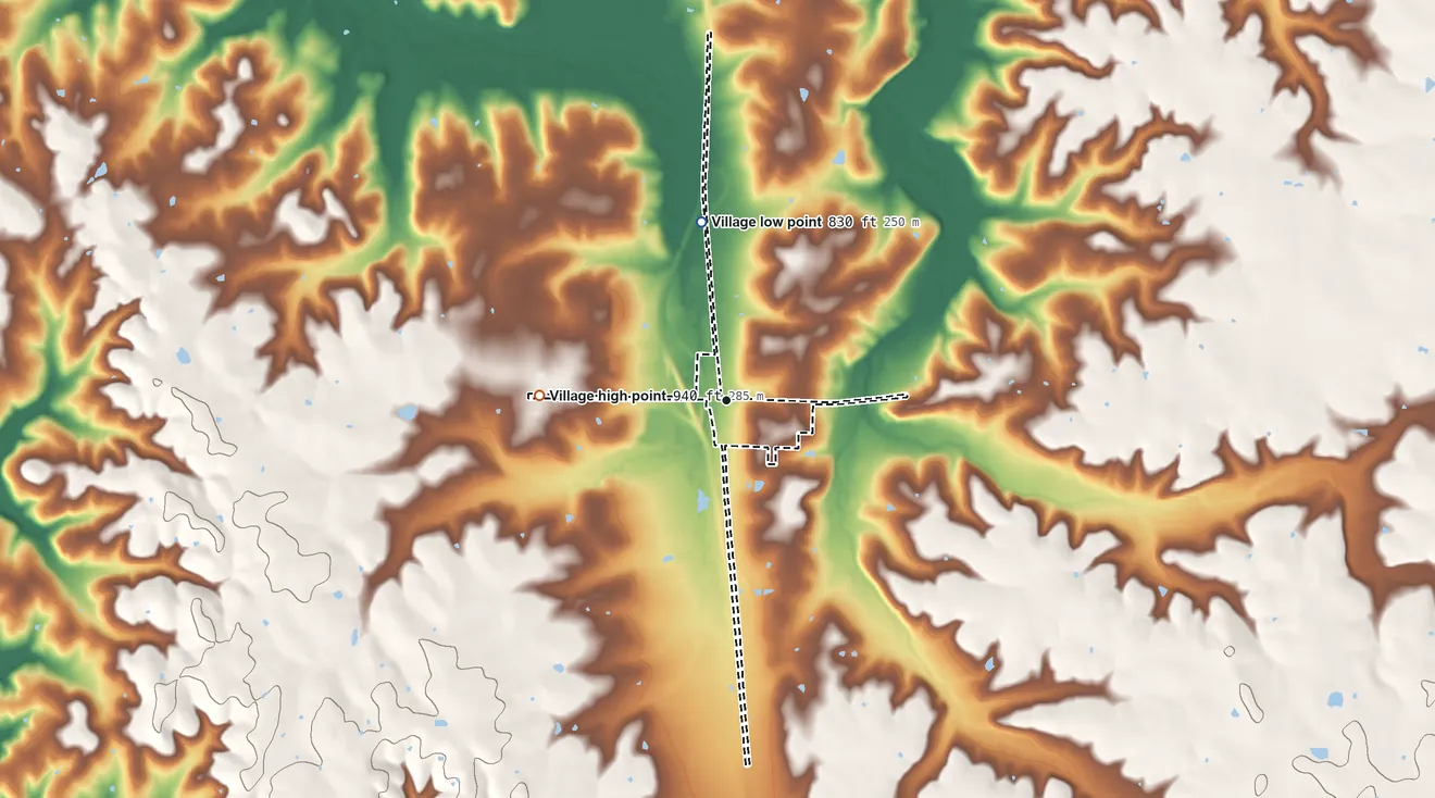 Topographic elevation map of Collins, Missouri, shaded from 830 ft on the north side to 940 ft on the west side