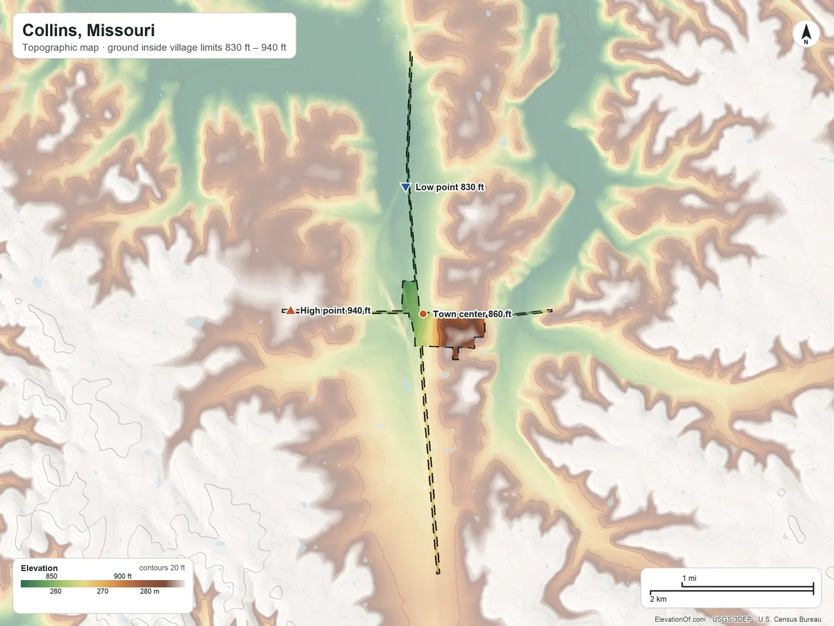 Topographic elevation map of Collins, Missouri, shaded from 830 ft on the north side to 940 ft on the west side