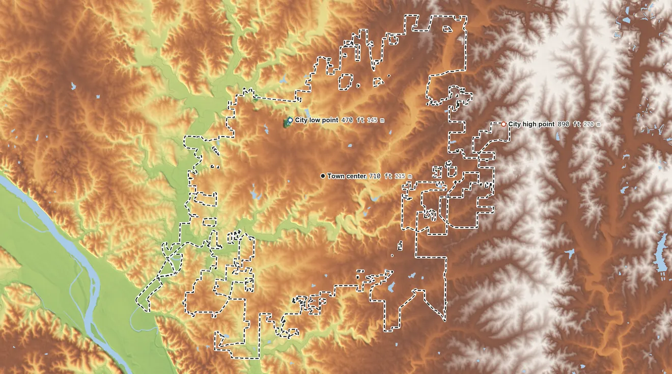 Topographic elevation map of Columbia, Missouri, shaded from 470 ft on the northwest side to 890 ft on the east side