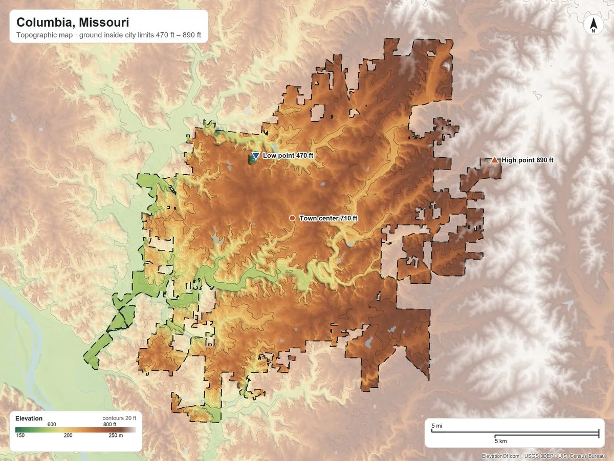 Topographic elevation map of Columbia, Missouri, shaded from 470 ft on the northwest side to 890 ft on the east side
