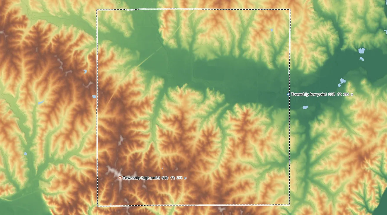 Topographic elevation map of Combs Township, Missouri, shaded from 650 ft on the east side to 840 ft on the southwest side