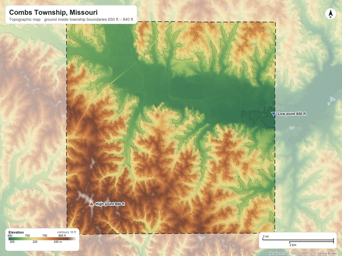 Topographic elevation map of Combs Township, Missouri, shaded from 650 ft on the east side to 840 ft on the southwest side