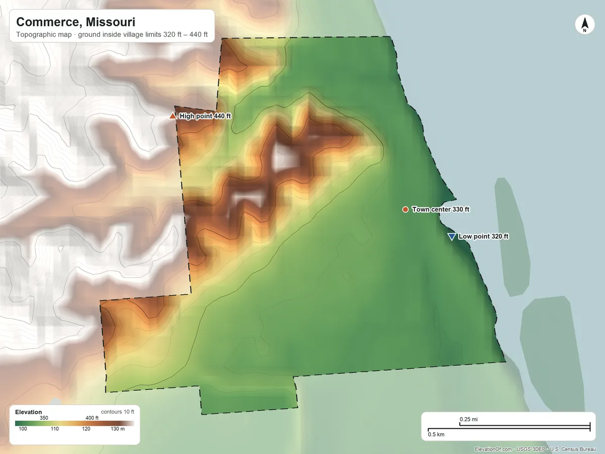 Topographic elevation map of Commerce, Missouri, shaded from 320 ft near the middle to 440 ft on the west side