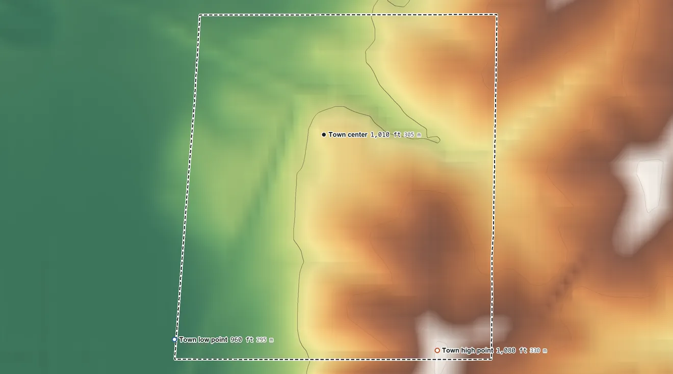 Topographic elevation map of Conception Junction, Missouri, shaded from 960 ft on the southwest side to 1,080 ft on the southeast side