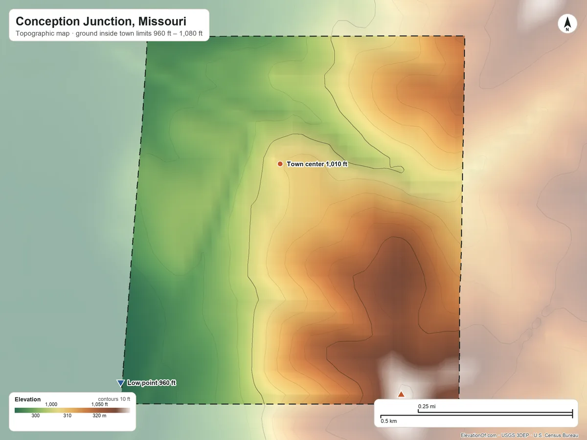 Topographic elevation map of Conception Junction, Missouri, shaded from 960 ft on the southwest side to 1,080 ft on the southeast side
