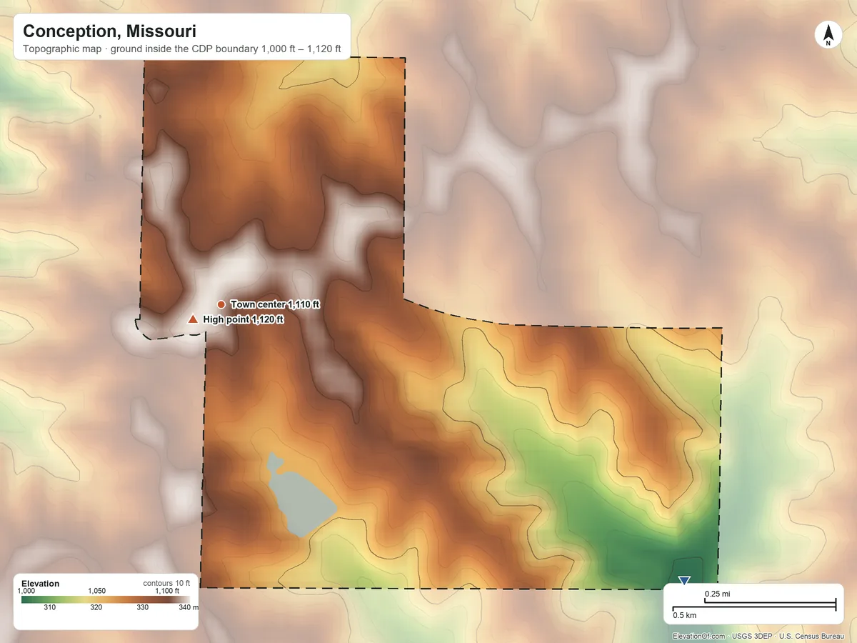 Topographic elevation map of Conception, Missouri, shaded from 1,000 ft on the southeast side to 1,120 ft near the middle
