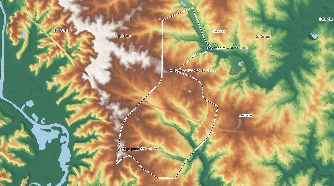 Topographic elevation map of Concord, Missouri, shaded from 460 ft on the northeast side to 650 ft on the southwest side