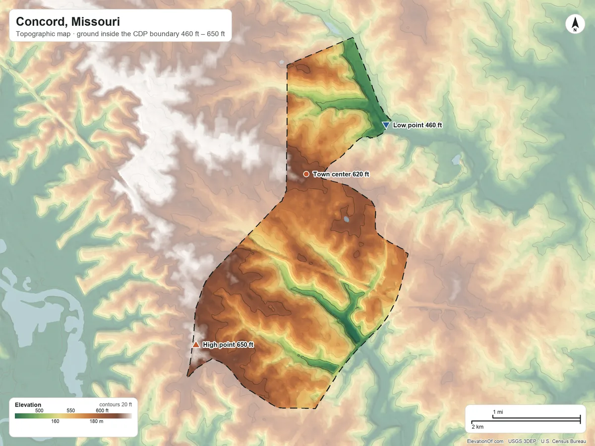Topographic elevation map of Concord, Missouri, shaded from 460 ft on the northeast side to 650 ft on the southwest side