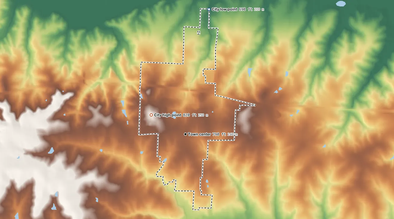 Topographic elevation map of Concordia, Missouri, shaded from 690 ft on the north side to 820 ft on the northwest side