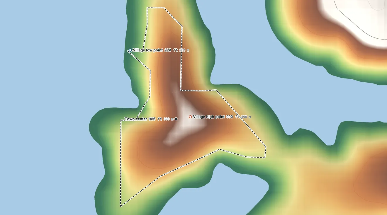 Topographic elevation map of Coney Island, Missouri, shaded from 920 ft on the northwest side to 990 ft near the middle