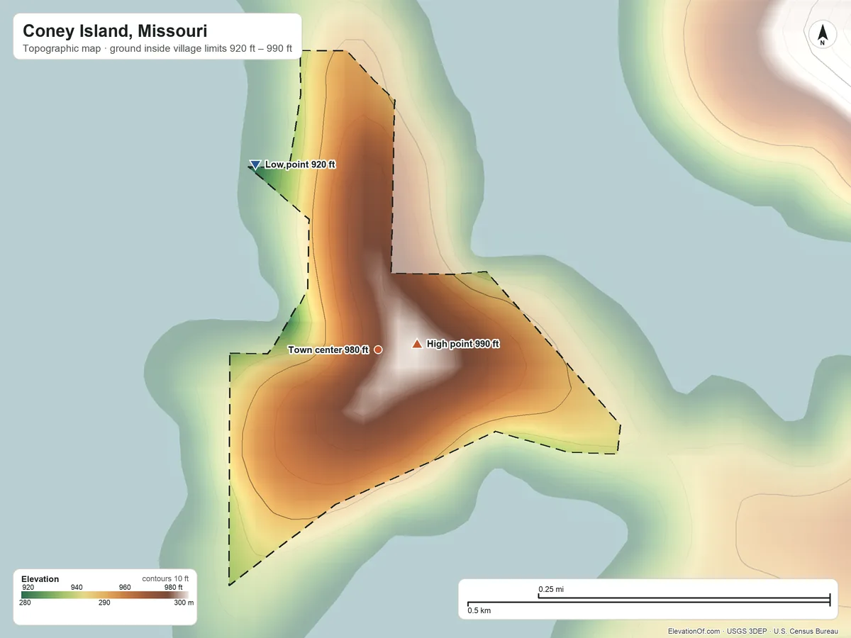 Topographic elevation map of Coney Island, Missouri, shaded from 920 ft on the northwest side to 990 ft near the middle