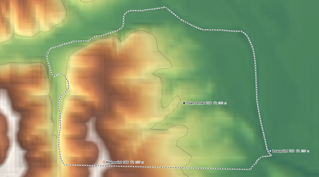 Topographic elevation map of Connelsville, Missouri, shaded from 760 ft on the southeast side to 900 ft on the southwest side