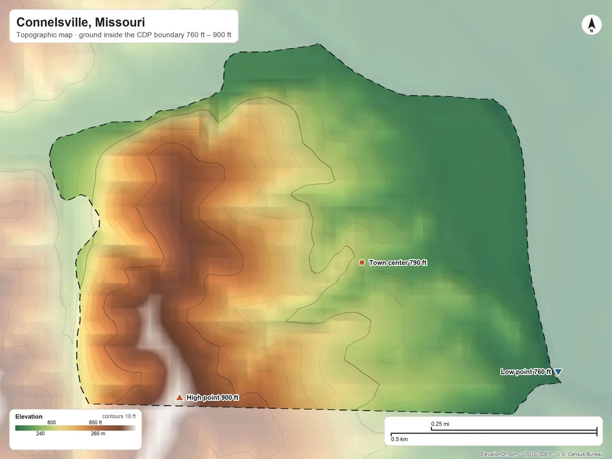 Topographic elevation map of Connelsville, Missouri, shaded from 760 ft on the southeast side to 900 ft on the southwest side