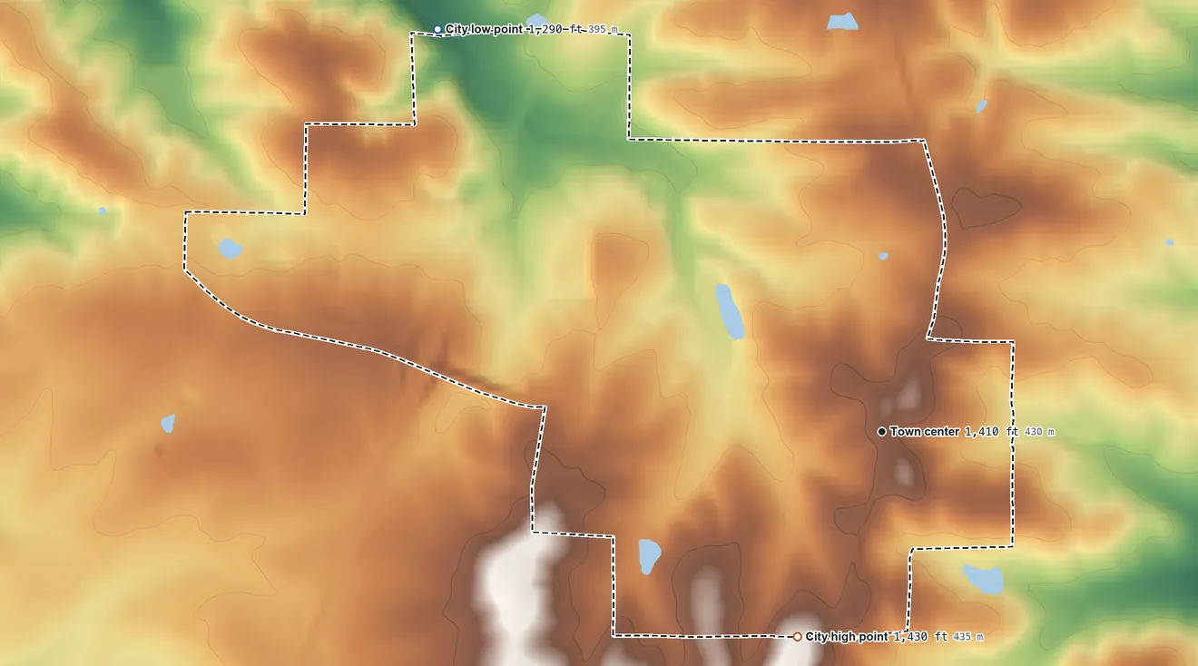 Topographic elevation map of Conway, Missouri, shaded from 1,290 ft on the northwest side to 1,430 ft on the south side