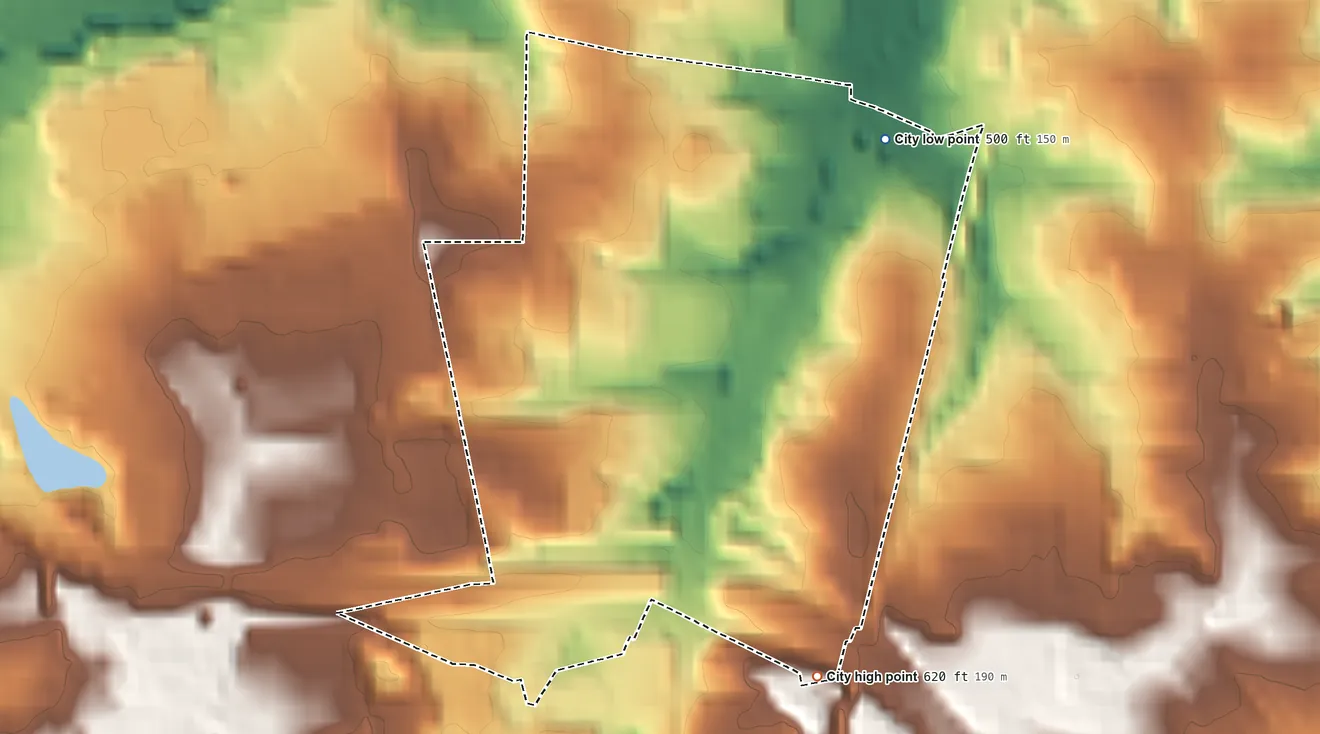 Topographic elevation map of Cool Valley, Missouri, shaded from 500 ft on the northeast side to 620 ft on the south side