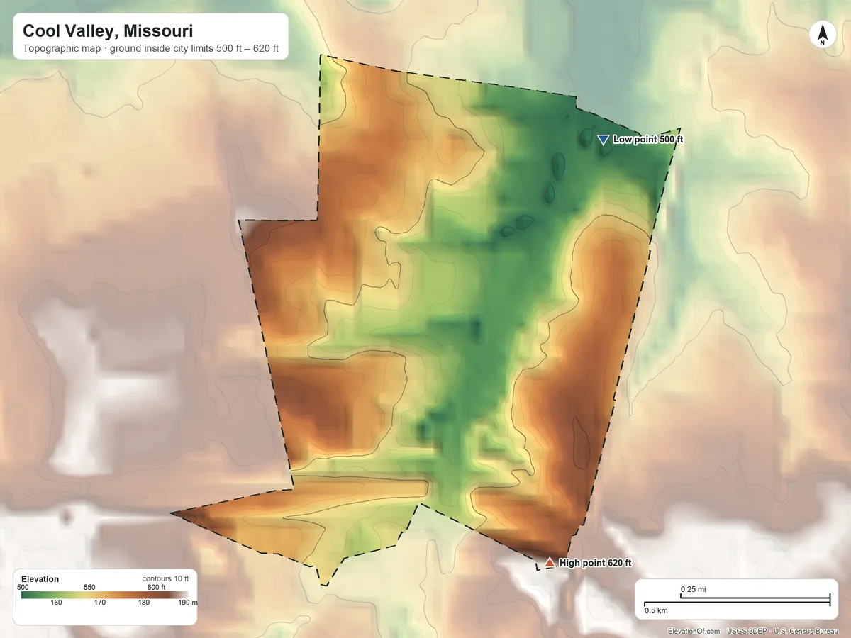 Topographic elevation map of Cool Valley, Missouri, shaded from 500 ft on the northeast side to 620 ft on the south side