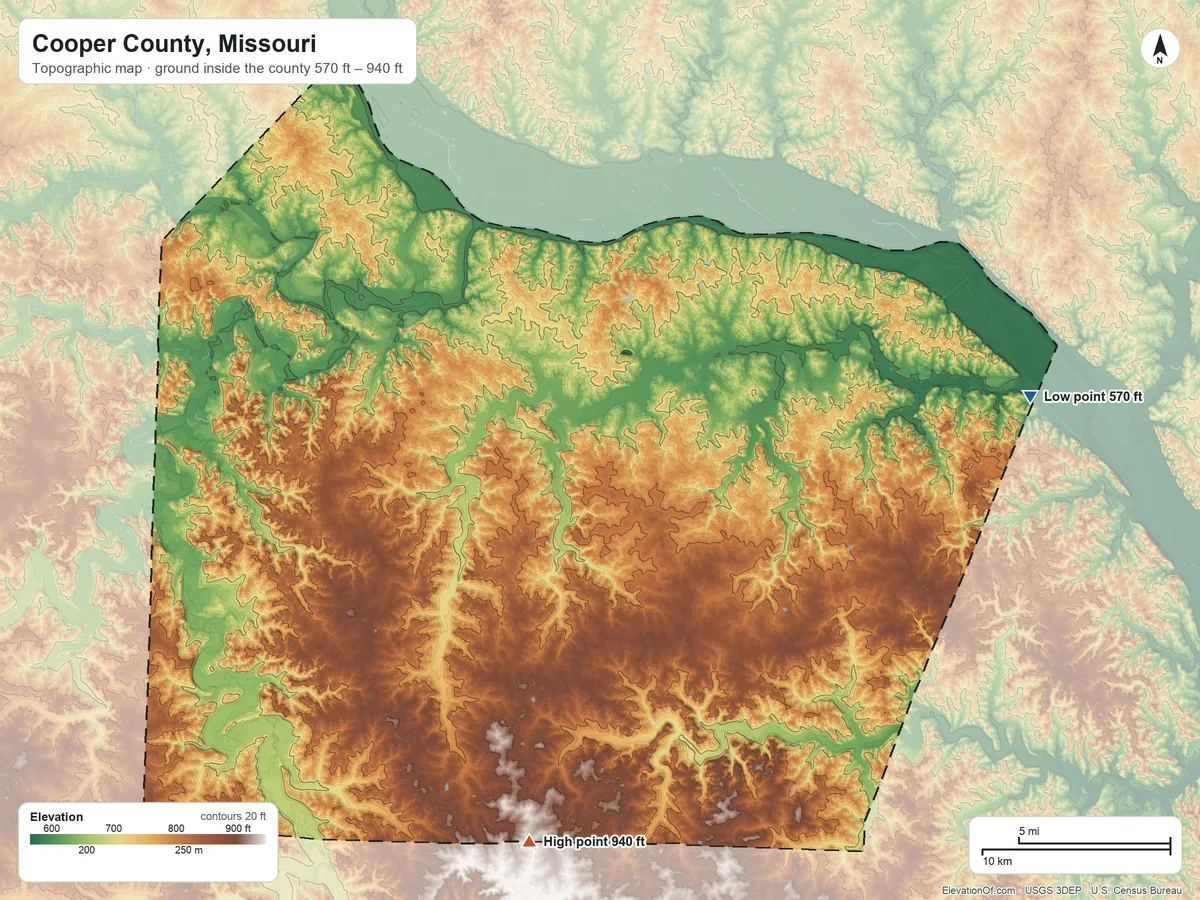 Topographic elevation map of Cooper County, Missouri, shaded from 570 ft on the east side to 940 ft on the south side