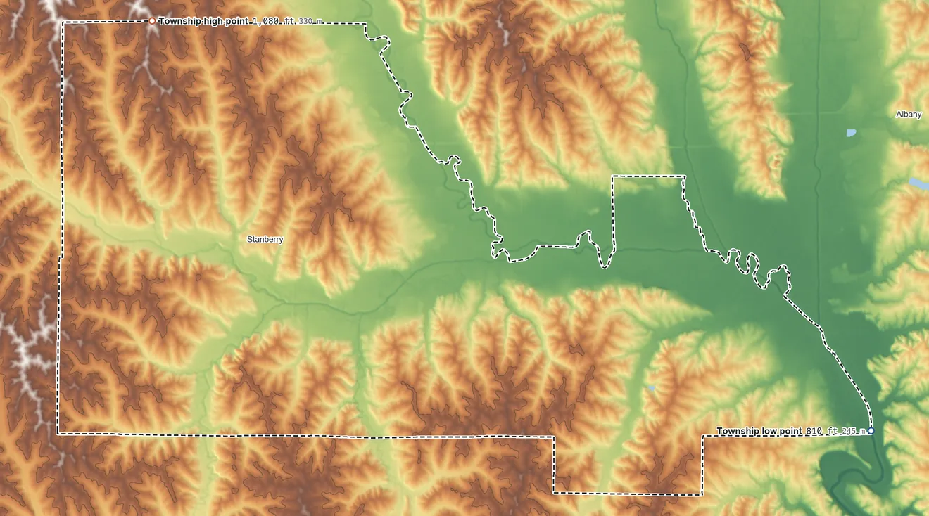 Topographic elevation map of Cooper Township, Missouri, shaded from 810 ft on the east side to 1,080 ft on the northwest side