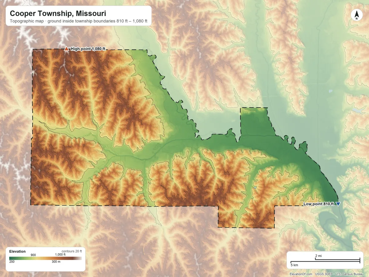Topographic elevation map of Cooper Township, Missouri, shaded from 810 ft on the east side to 1,080 ft on the northwest side