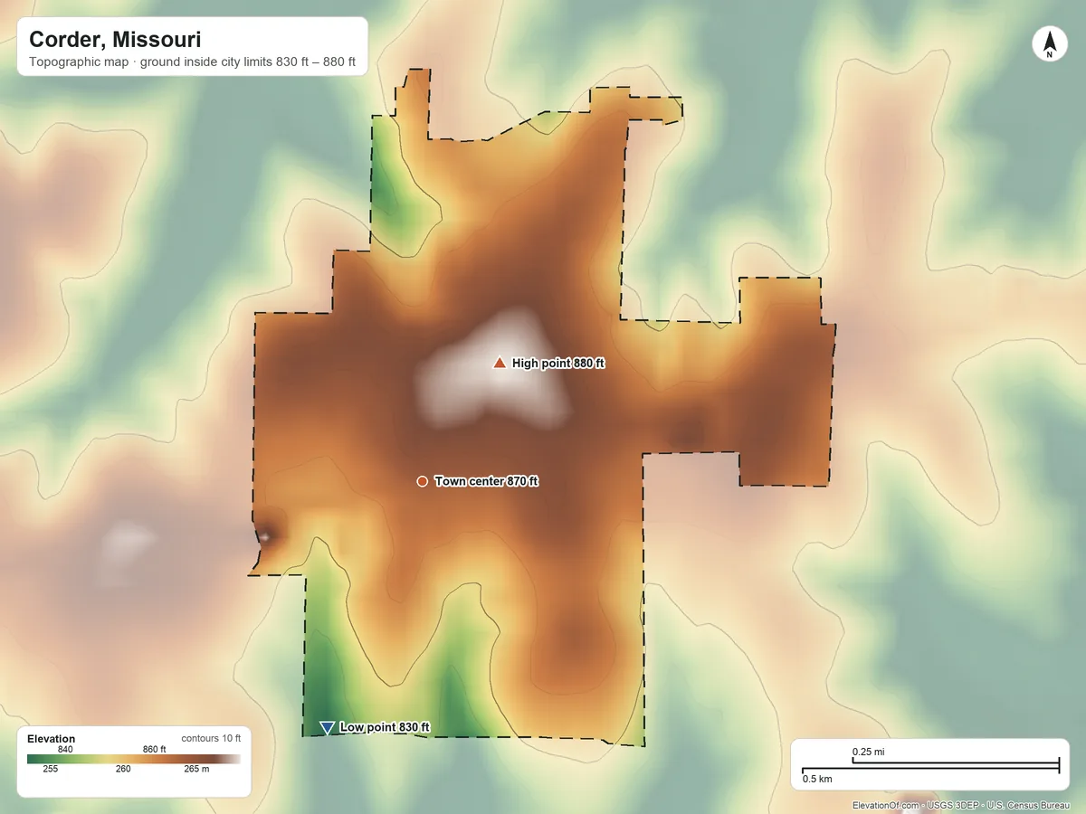 Topographic elevation map of Corder, Missouri, shaded from 830 ft on the south side to 880 ft on the northeast side