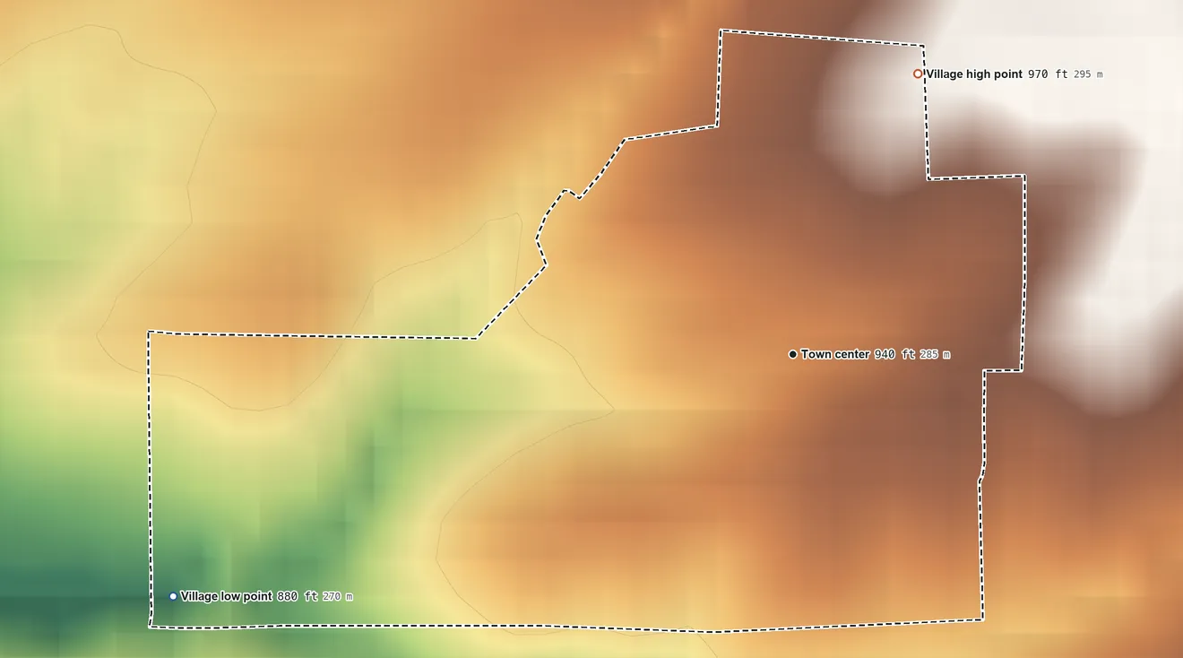 Topographic elevation map of Cosby, Missouri, shaded from 880 ft on the west side to 970 ft on the northeast side