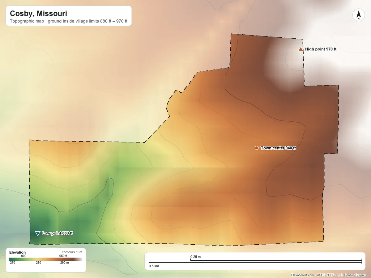 Topographic elevation map of Cosby, Missouri, shaded from 880 ft on the west side to 970 ft on the northeast side
