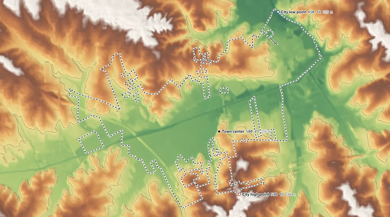 Topographic elevation map of Cottleville, Missouri, shaded from 450 ft on the northeast side to 590 ft on the south side