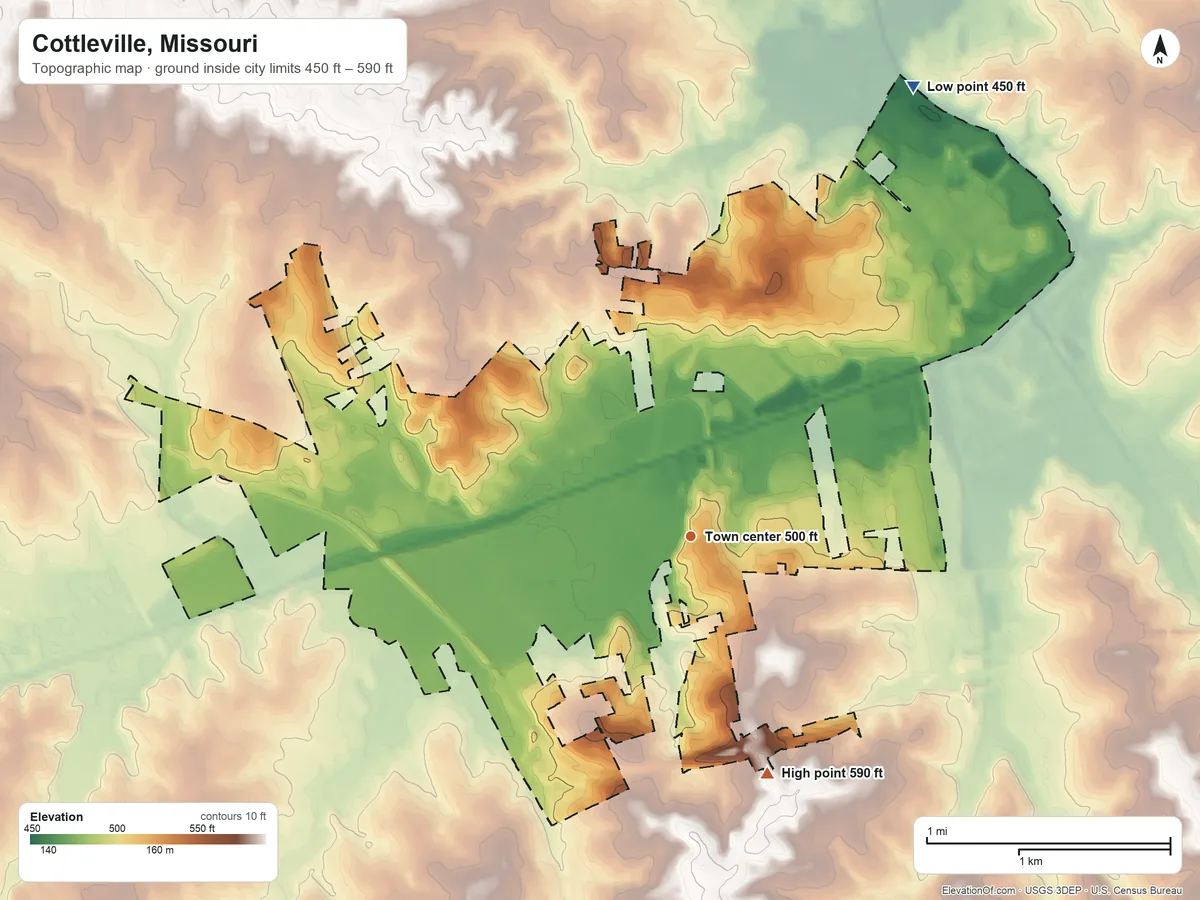 Topographic elevation map of Cottleville, Missouri, shaded from 450 ft on the northeast side to 590 ft on the south side
