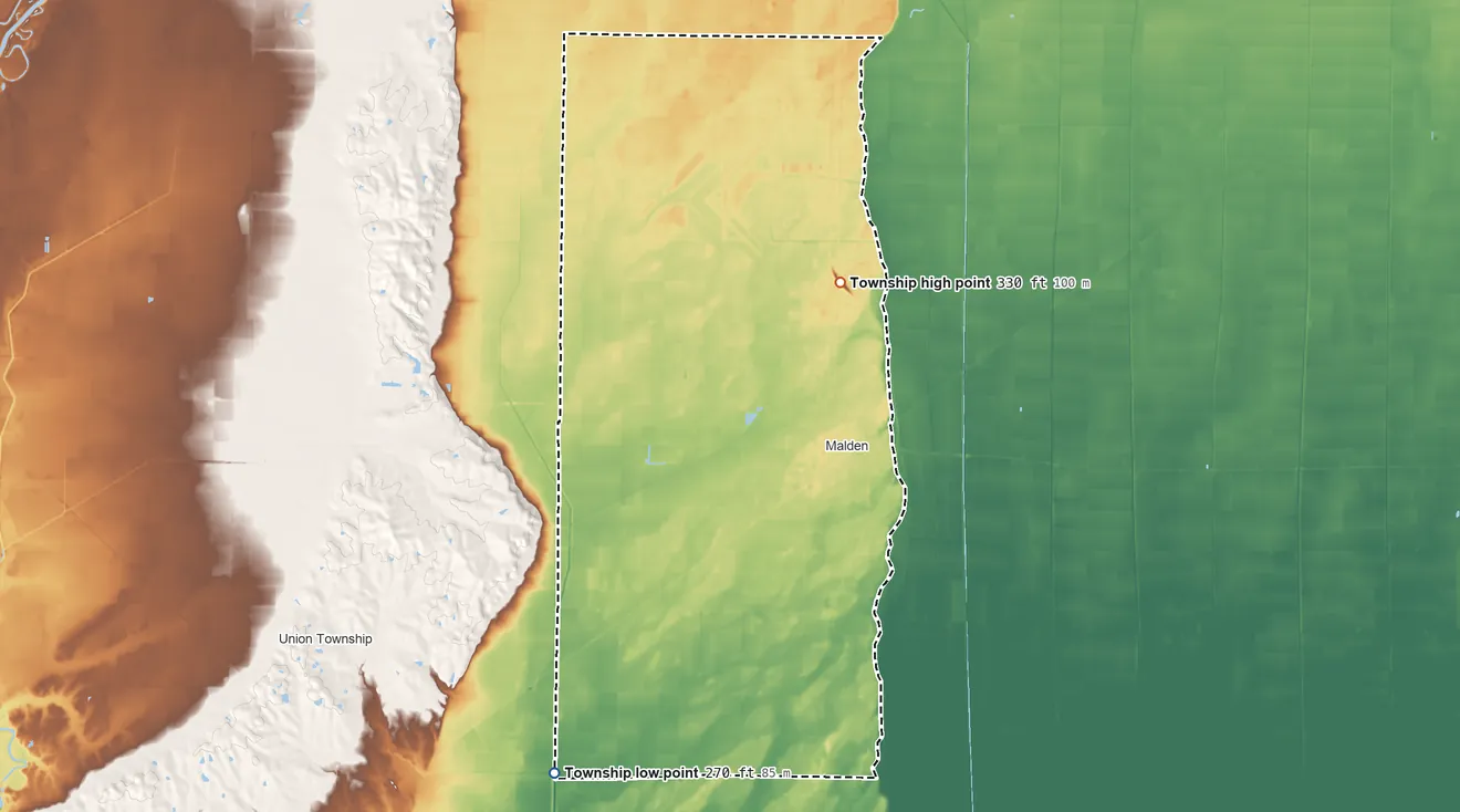 Topographic elevation map of Cotton Hill Township, Missouri, shaded from 270 ft on the southwest side to 330 ft on the north side
