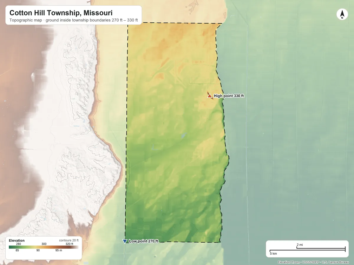 Topographic elevation map of Cotton Hill Township, Missouri, shaded from 270 ft on the southwest side to 330 ft on the north side