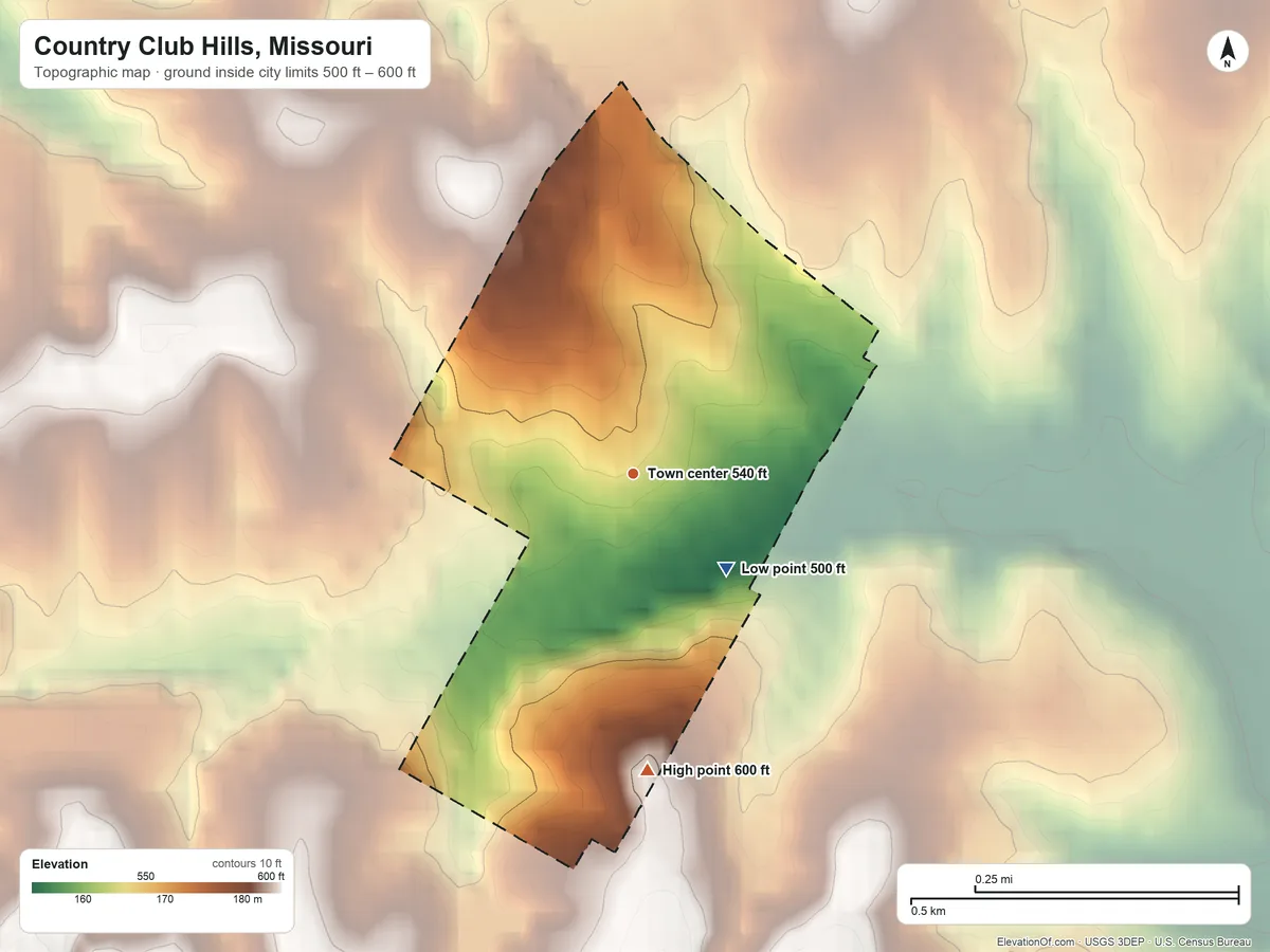 Topographic elevation map of Country Club Hills, Missouri, shaded from 500 ft on the southeast side to 600 ft on the south side