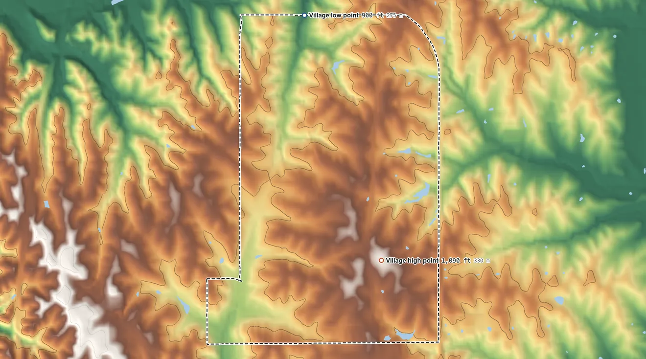 Topographic elevation map of Country Club, Missouri, shaded from 900 ft on the north side to 1,090 ft on the east side