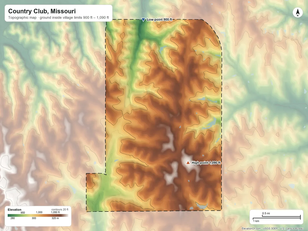 Topographic elevation map of Country Club, Missouri, shaded from 900 ft on the north side to 1,090 ft on the east side