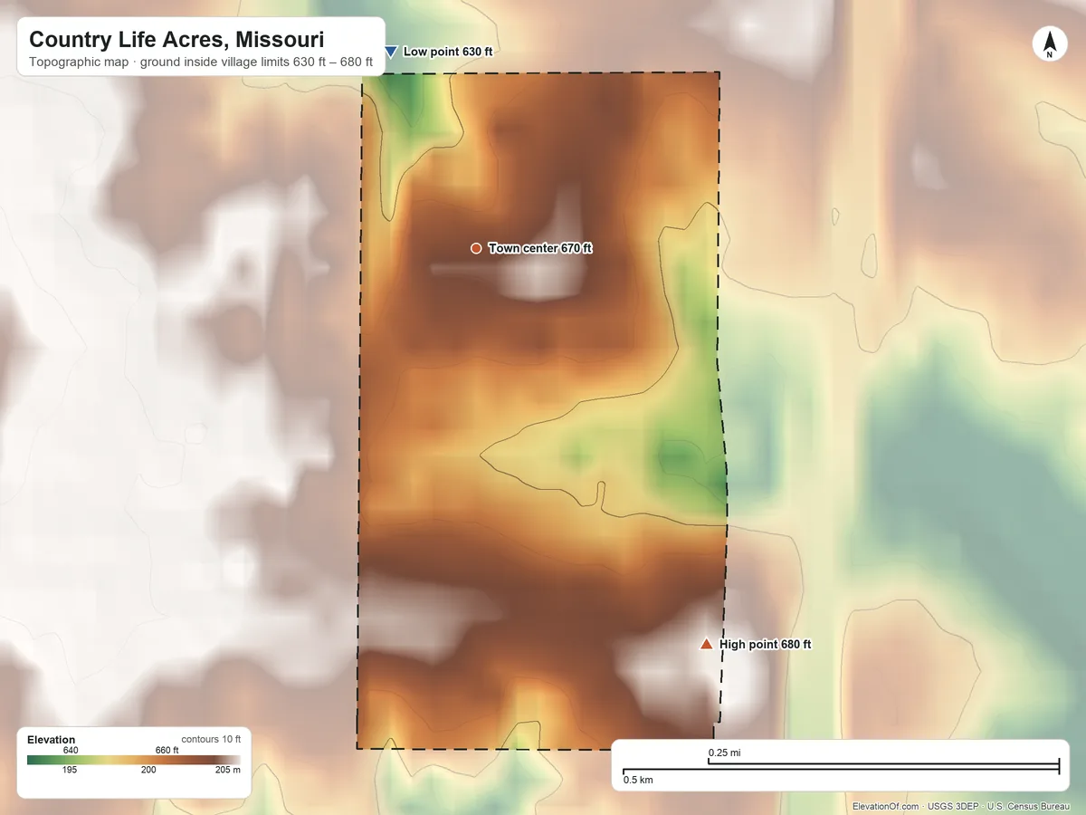 Topographic elevation map of Country Life Acres, Missouri, shaded from 630 ft on the northwest side to 680 ft on the southeast side
