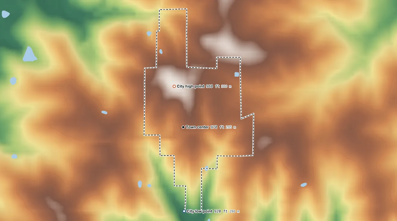 Topographic elevation map of Cowgill, Missouri, shaded from 920 ft on the south side to 980 ft on the north side