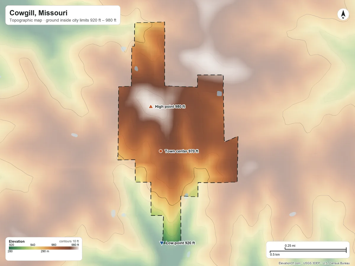 Topographic elevation map of Cowgill, Missouri, shaded from 920 ft on the south side to 980 ft on the north side