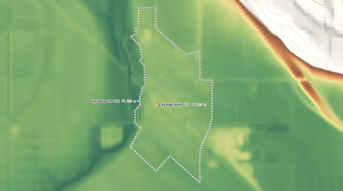 Topographic elevation map of Craig, Missouri, shaded from 860 ft on the west side to 870 ft on the west side