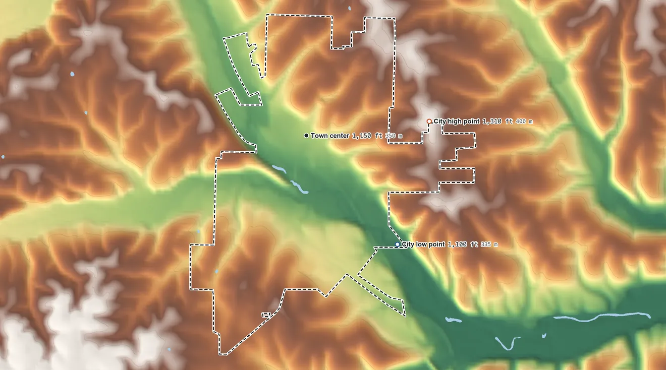Topographic elevation map of Crane, Missouri, shaded from 1,100 ft on the southeast side to 1,310 ft on the east side