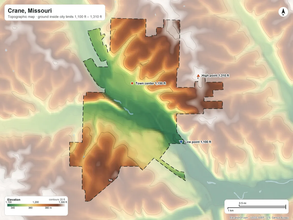 Topographic elevation map of Crane, Missouri, shaded from 1,100 ft on the southeast side to 1,310 ft on the east side