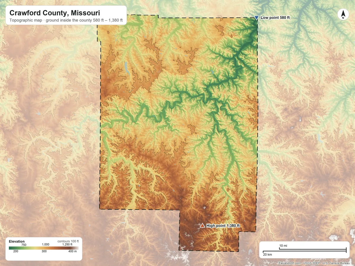 Topographic elevation map of Crawford County, Missouri, shaded from 580 ft on the northeast side to 1,380 ft on the south side