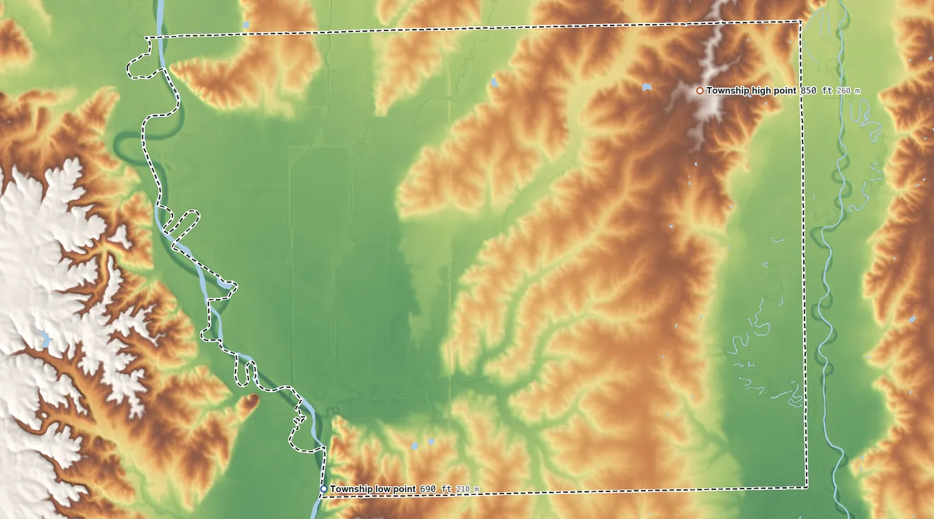 Topographic elevation map of Cream Ridge Township, Missouri, shaded from 690 ft on the southwest side to 850 ft on the northeast side