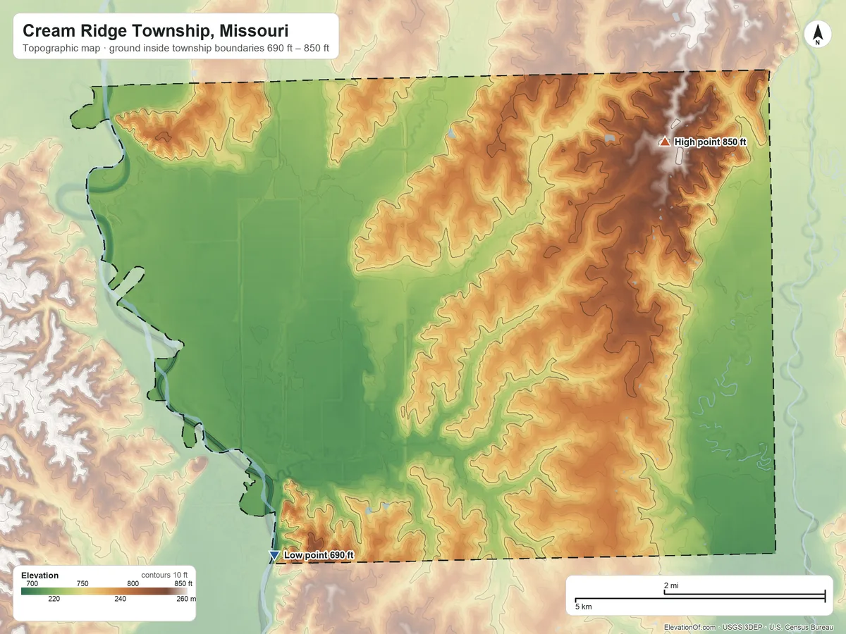 Topographic elevation map of Cream Ridge Township, Missouri, shaded from 690 ft on the southwest side to 850 ft on the northeast side