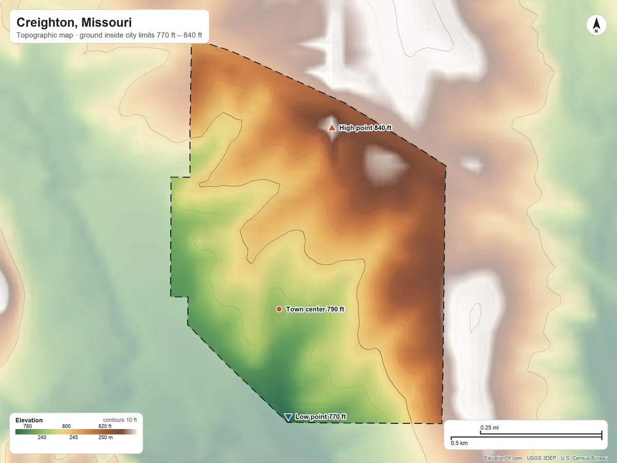 Topographic elevation map of Creighton, Missouri, shaded from 770 ft on the south side to 840 ft on the north side