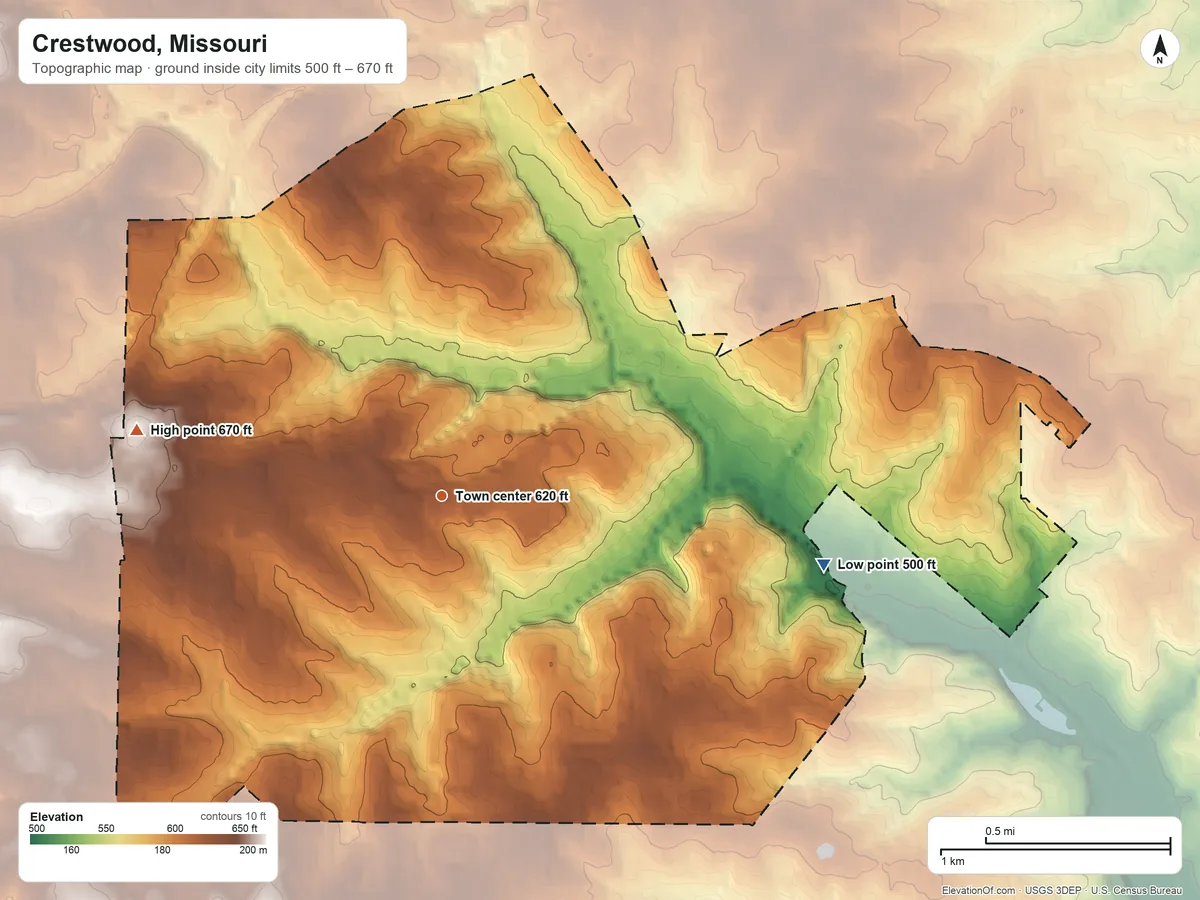 Topographic elevation map of Crestwood, Missouri, shaded from 500 ft on the east side to 670 ft on the west side