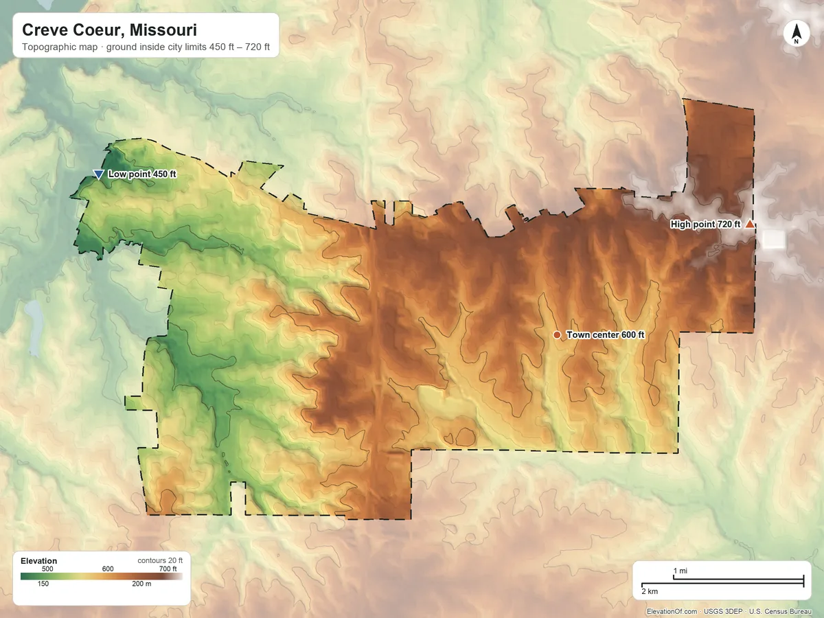 Topographic elevation map of Creve Coeur, Missouri, shaded from 450 ft on the west side to 720 ft on the northeast side