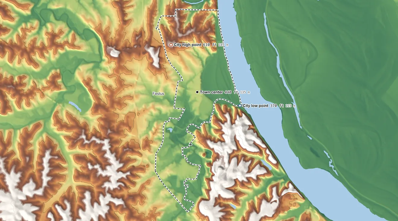 Topographic elevation map of Crystal City, Missouri, shaded from 370 ft on the east side to 610 ft on the northwest side