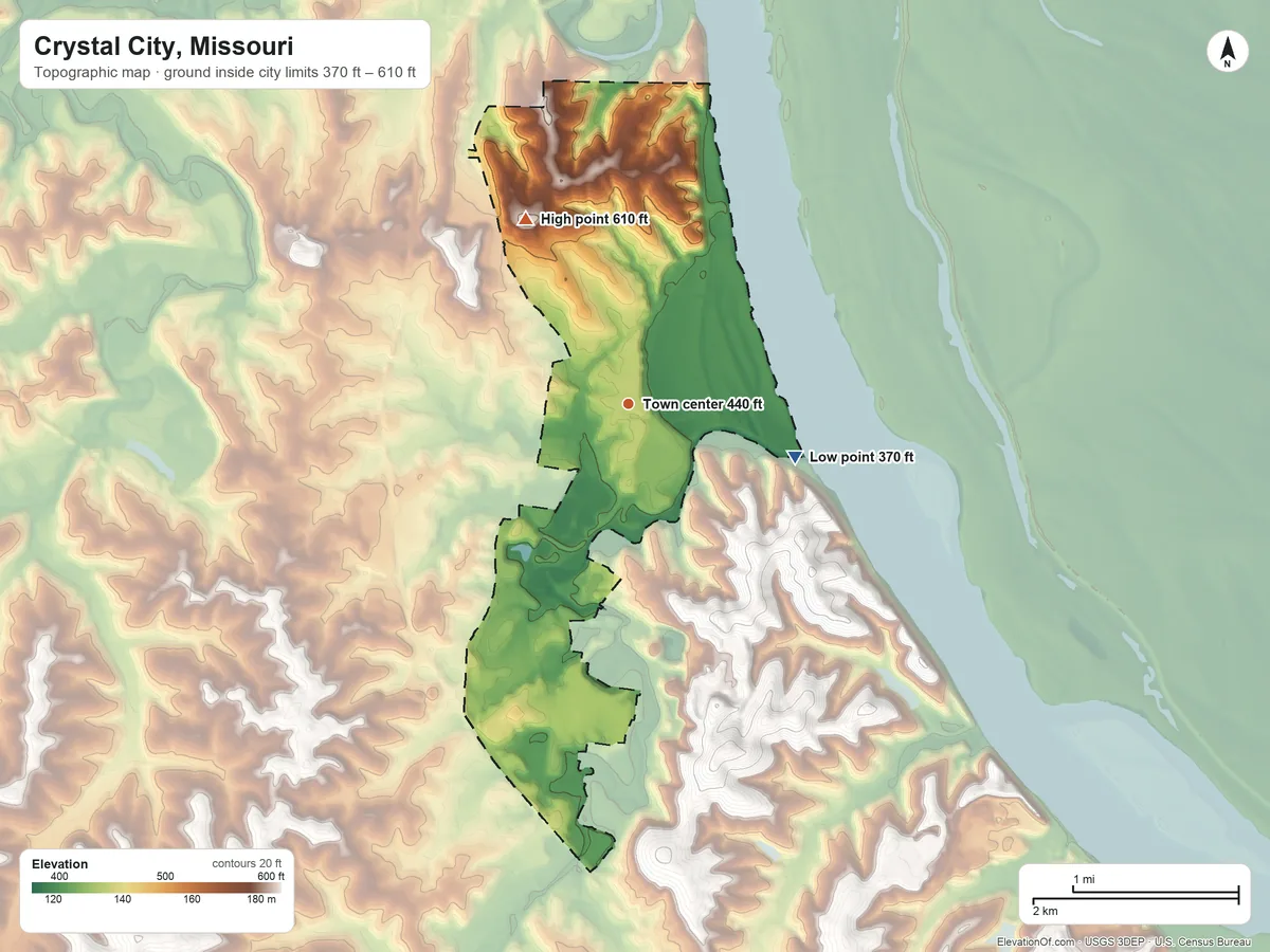 Topographic elevation map of Crystal City, Missouri, shaded from 370 ft on the east side to 610 ft on the northwest side