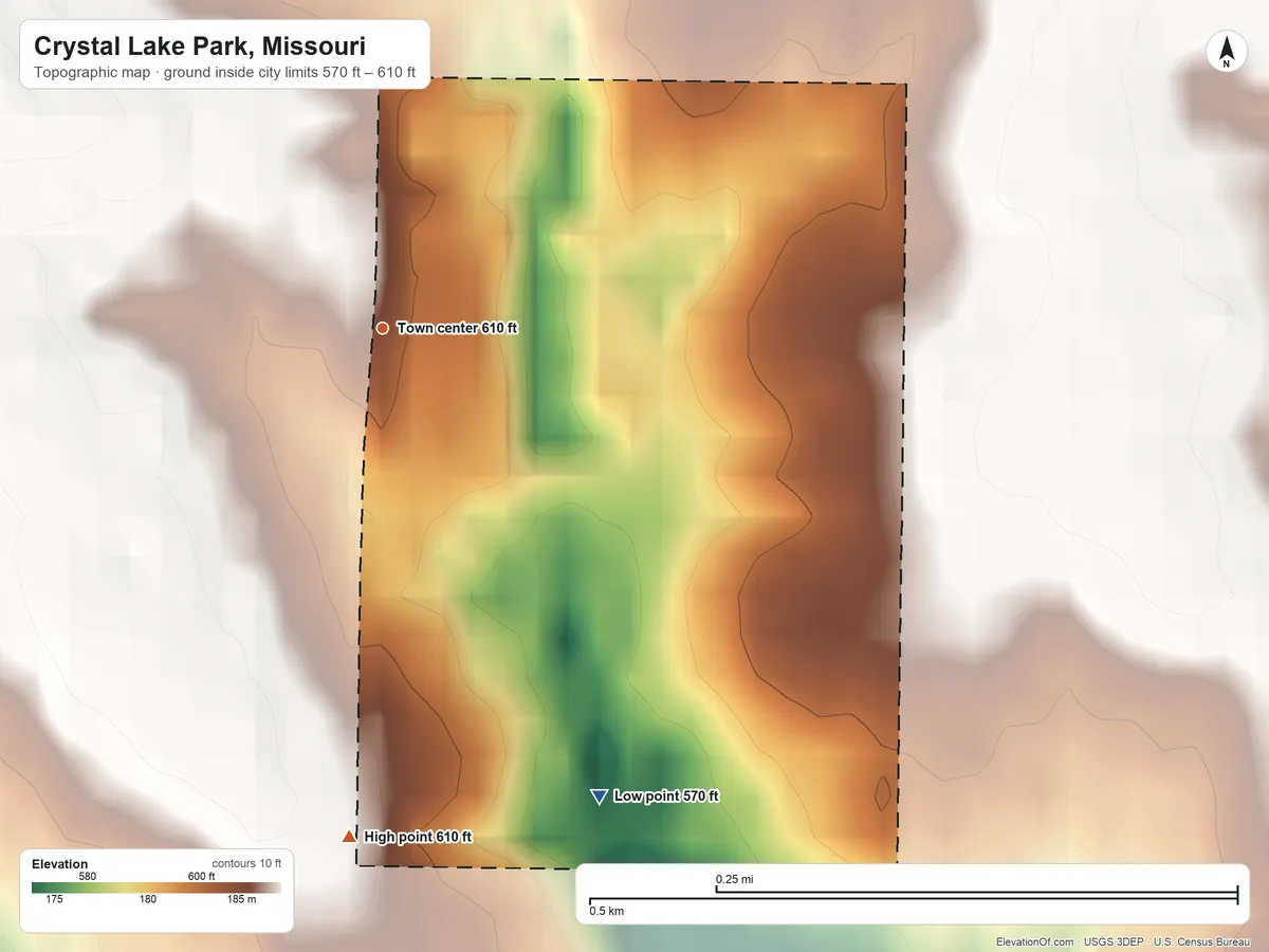 Topographic elevation map of Crystal Lake Park, Missouri, shaded from 570 ft on the southeast side to 610 ft on the south side