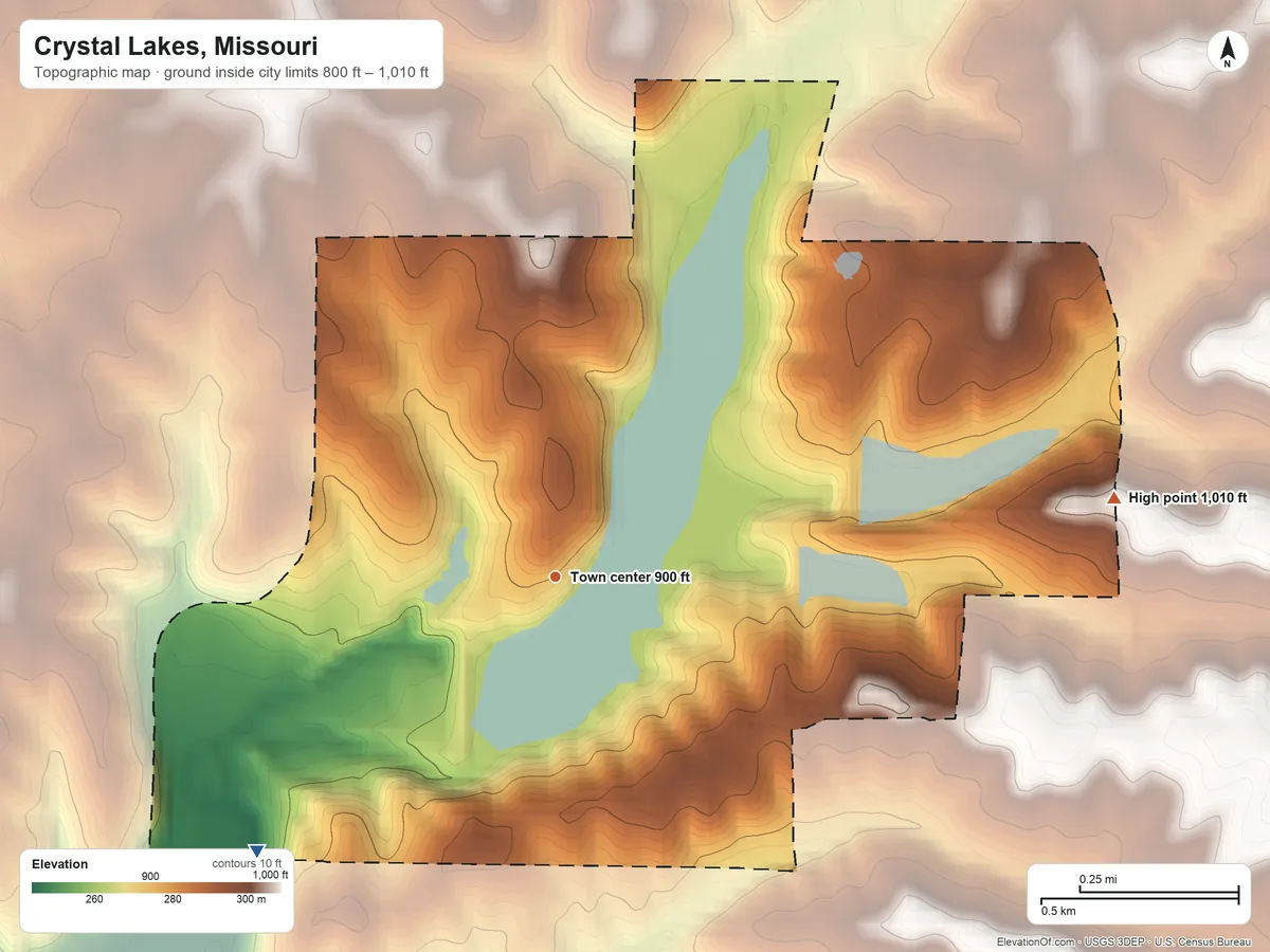 Topographic elevation map of Crystal Lakes, Missouri, shaded from 800 ft on the southwest side to 1,010 ft on the east side