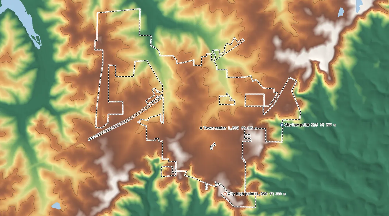 Topographic elevation map of Cuba, Missouri, shaded from 920 ft on the east side to 1,050 ft on the south side